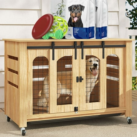 Dextrus Solid Wood Large Dog Crate Furniture With Casters Indoor Dog House Side End Table Stylish Outdoor Dog Kennel with Sliding Doors 41.7in Wooden Crate Heavy-Duty Dog Cage for Large Dogs
