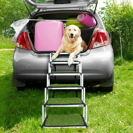 Foldable Aluminum Alloy 6 Steps Dog Stairs with Artificial Turf Non-Slip Surface for Large Dogs Supports up to 150Lbs