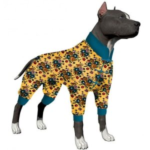 LovinPet Pet Clothes Bottoming Dog Pajamas for Dog Coat Anti Licking Anxiety Calming Onesies for Dogs Elastic Bouquet on Dots Mustard Teal Prints Large Breed Dog Clothes