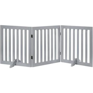 PANGU 24"H Free Standing Pet Gate for Dog Cat Baby Wooden Dog Gates for Doorway Stairs Step Over Foldable Pet Fence for The House Expandable Dog Barrier Indoor Use Grey