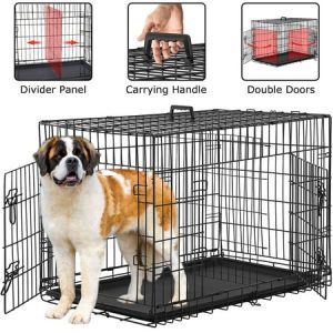 YRLLENSDAN 36 inch Dog Crate Dog Crates and Kennels Foldable Large Dog Crate for Large Dogs with Handle Double-Door Outdoor Metal Wire Dog Cage with Plastic Tray for Medium Dogs Black