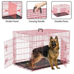 YRLLENSDAN 42 inch Dog Crate Dog Crates and Kennels Foldable Large Dog Crate for Large Dogs with Handle Double-Door Outdoor Metal Wire Dog Cage with Plastic Tray for Medium Dogs Pink