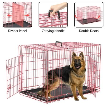 YRLLENSDAN 42 inch Dog Crate Dog Crates and Kennels Foldable Large Dog Crate for Large Dogs with Handle Double-Door Outdoor Metal Wire Dog Cage with Plastic Tray for Medium Dogs Pink