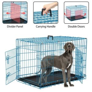 YRLLENSDAN 48 inch Dog Crate Dog Crates and Kennels Foldable Large Dog Crate for Large Dogs with Handle Double-Door Outdoor Metal Wire Dog Cage with Plastic Tray for Medium Dogs Blue
