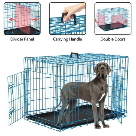 YRLLENSDAN 48 inch Dog Crate Dog Crates and Kennels Foldable Large Dog Crate for Large Dogs with Handle Double-Door Outdoor Metal Wire Dog Cage with Plastic Tray for Medium Dogs Blue