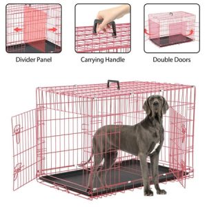 YRLLENSDAN 48 inch Dog Crate Dog Crates and Kennels for Big Dog Foldable Large Dog Crate for Large Dogs with Handle Double-Door Outdoor Metal Wire Dog Cage with Plastic Tray for Medium Dogs Pink